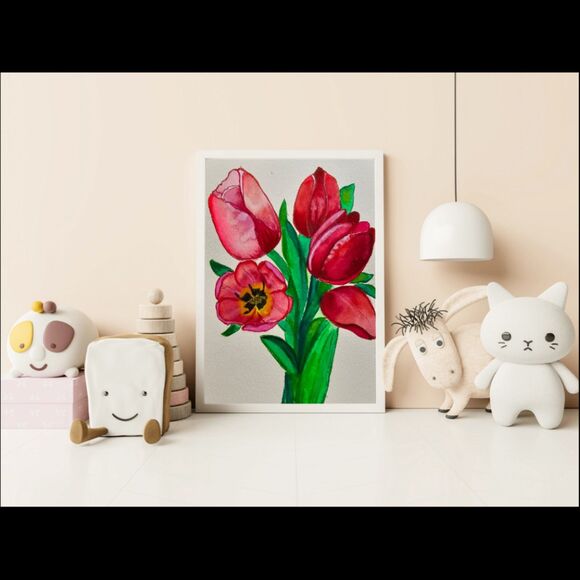 Tulips Watercolor Flowers Tulip Painting Colorful Original Art Gift Idea 6x8.5 - Picture 3 of 6
